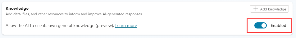 Knowledge enabled in CoPilot Studio portal.