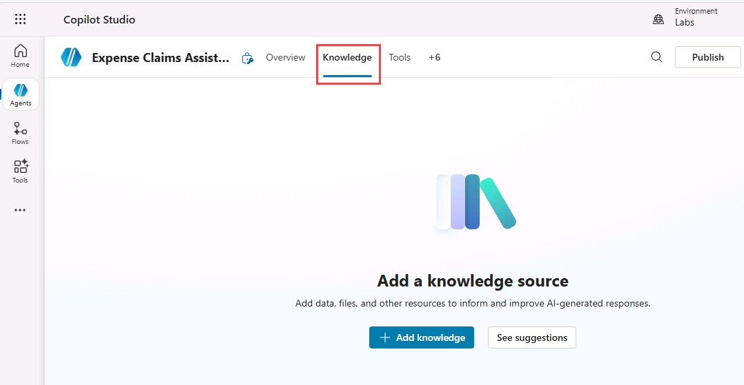 Screenshot of the Knowledge page in Copilot Studio.
