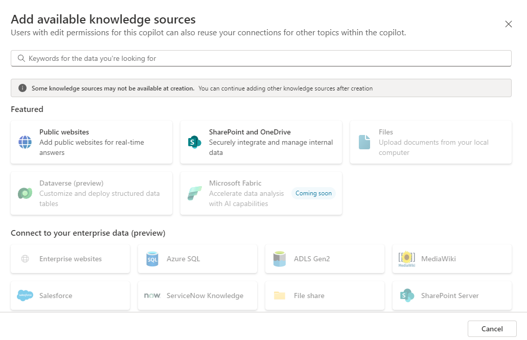 Knowledge sources in CoPilot Studio portal.