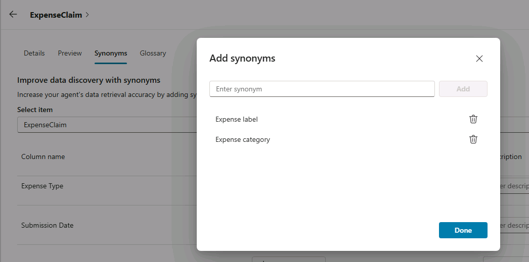 Screenshot of adding Synonyms for a Dataverse table column.