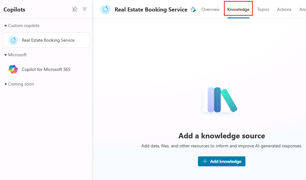 Knowledge tab in CoPilot Studio portal.