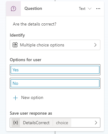 Screenshot of the new question node with yes and no options.