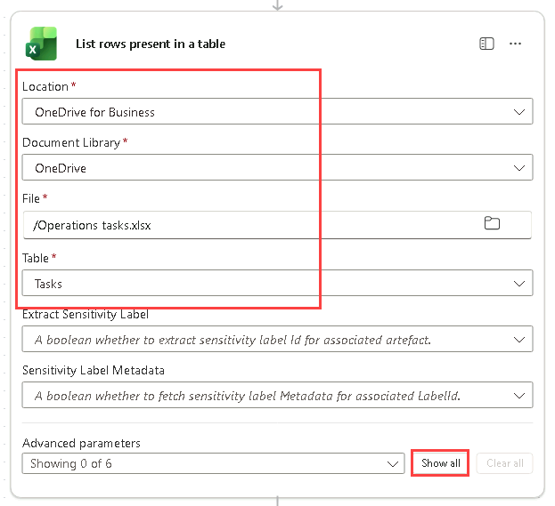 Screenshot of Excel action in the workflow.