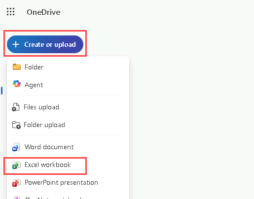 Screenshot of creating a file in OneDrive.