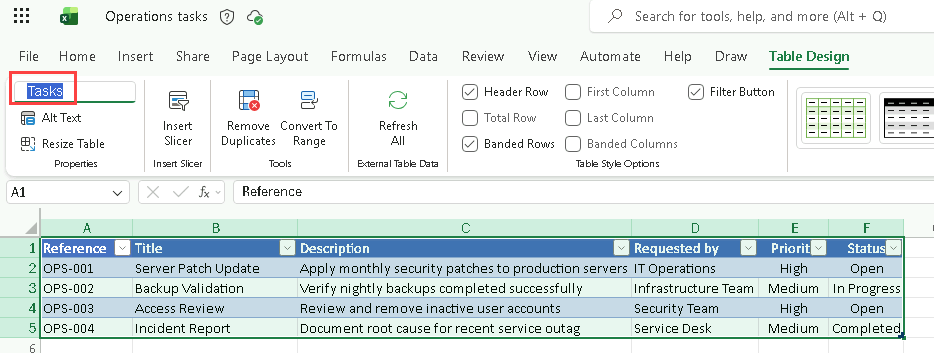 Screenshot of tasks as a table in a file in OneDrive.