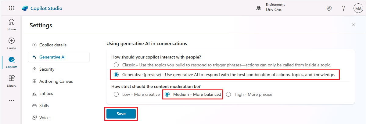 Generative AI pane in CoPilot Studio Settings