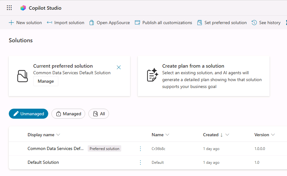 List of solutions in Maker portal.