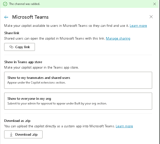 Screenshot of the Teams channel availability options.