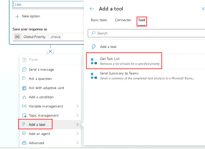 Screenshot of adding a workflow as a tool to a topic.