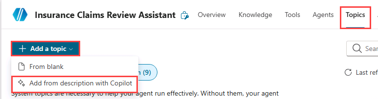 Create topic with copilot option.