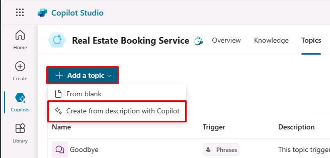 Create topic with copilot.