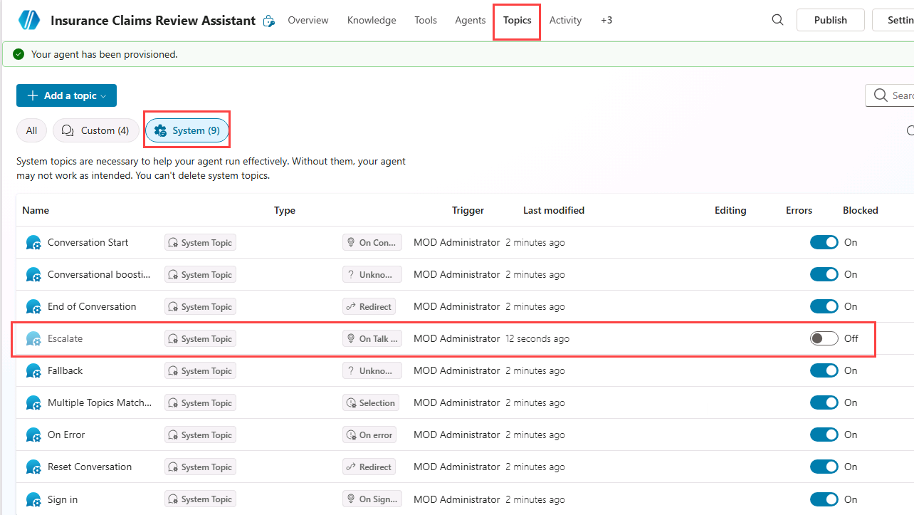 Topics removed and disabled in Copilot Studio portal.