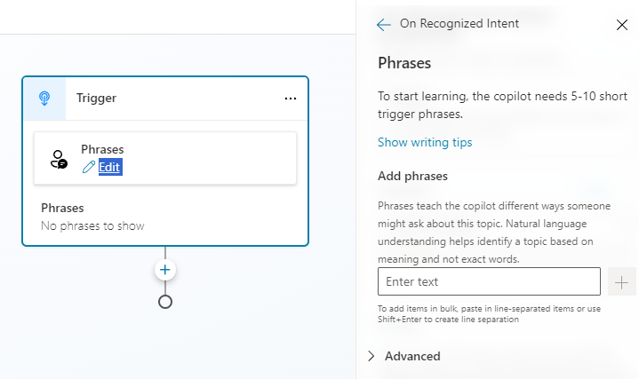 Screenshot of the topic trigger phrases pane.