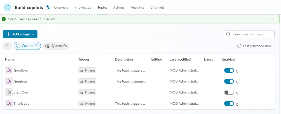 Topics removed and disabled in CoPilot Studio portal.