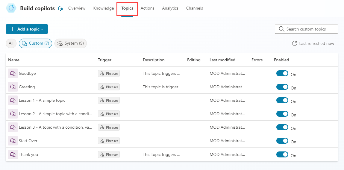 Topics tab in CoPilot Studio portal.
