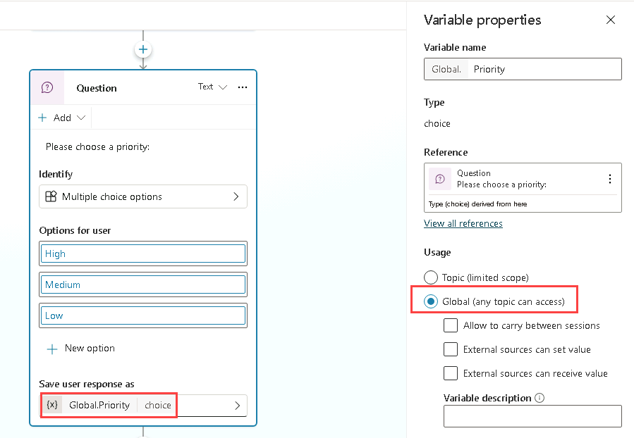 Screenshot of global variable for a question node.
