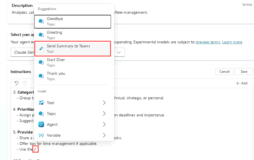 Screenshot of referencing the workflow tool in the agent instructions.