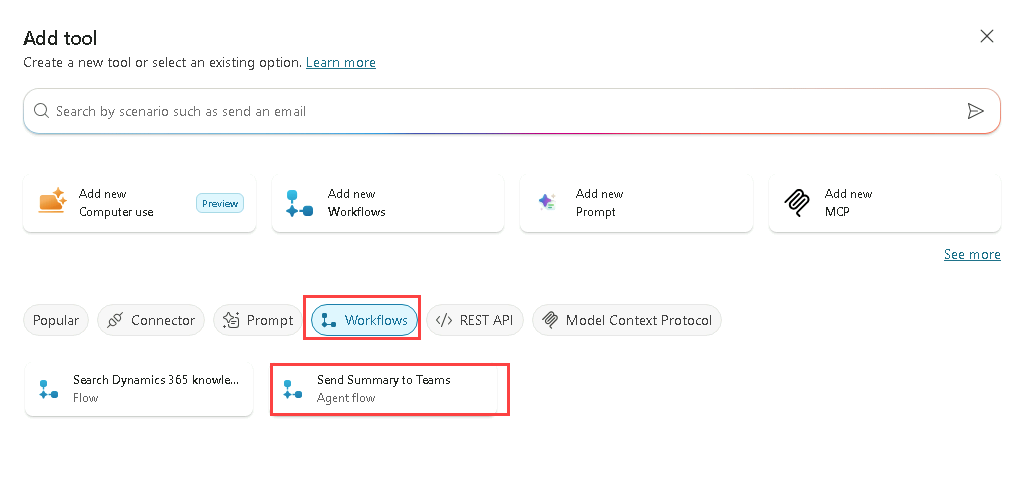 Screenshot of adding a workflow as a tool.