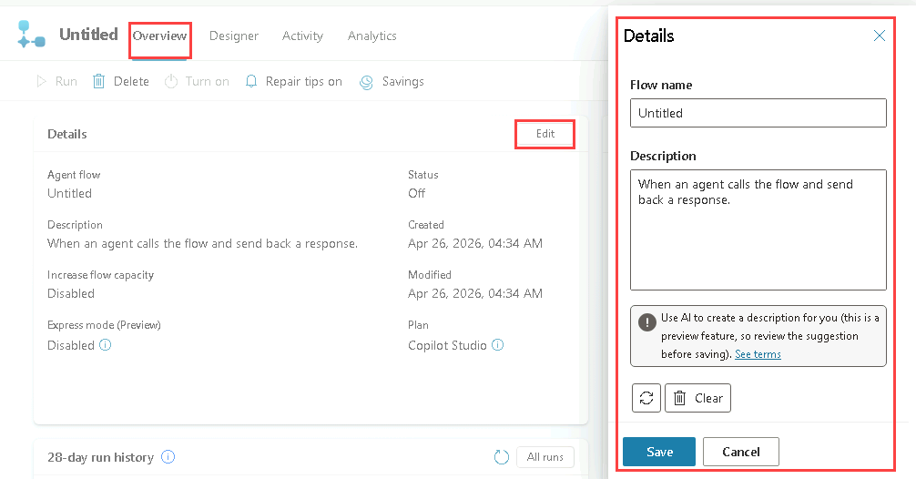 Screenshot of details properties of the flow.
