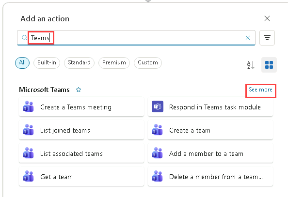 Screenshot of searching for connector in the workflow.