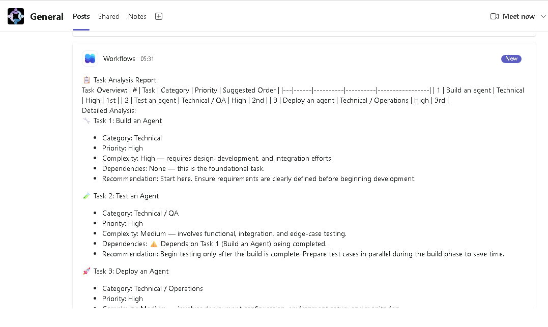 Screenshot of the message in Teams.