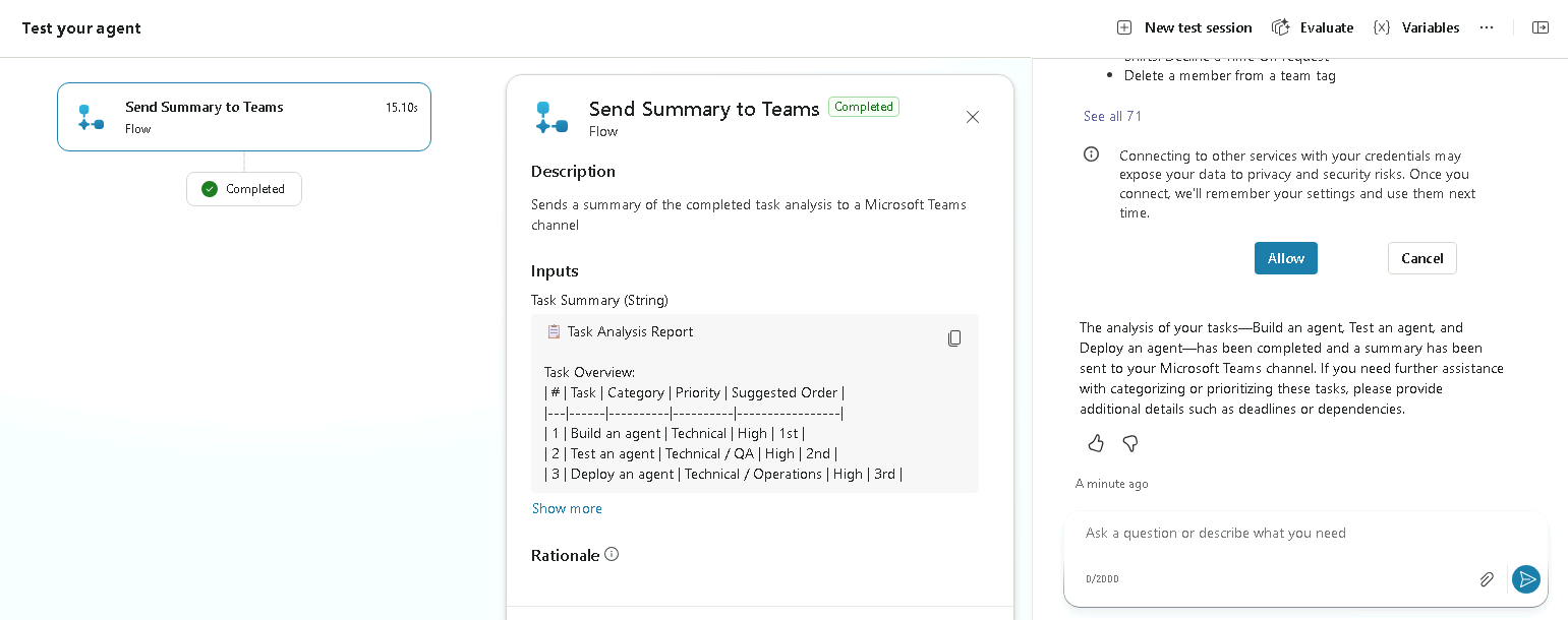 Screenshot of the workflow tool used when testing the agent.