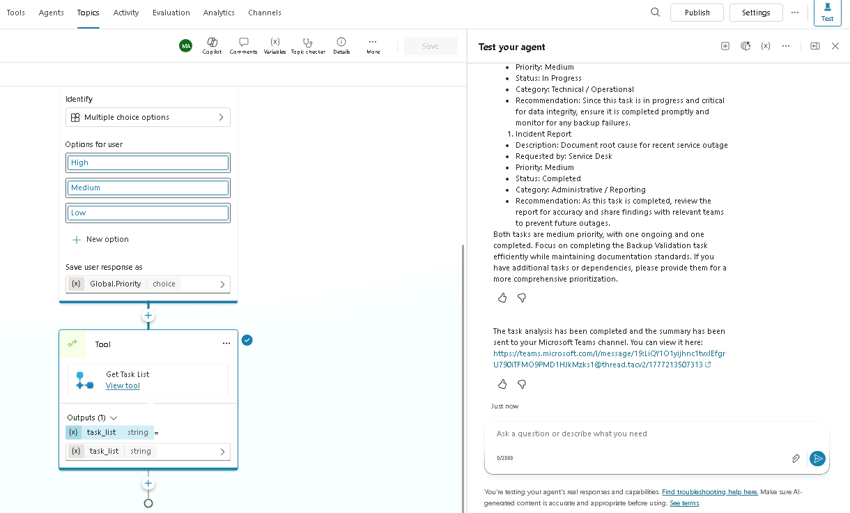 Screenshot of the workflow tool used when testing the agent.