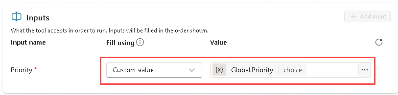 Screenshot of the inputs of workflow as a tool.