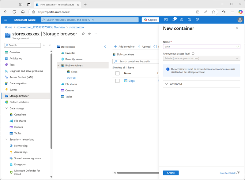 Captura de pantalla del panel Crear contenedor de la página Explorador de almacenamiento de Azure Portal.