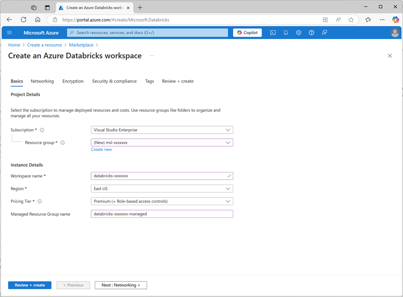 Captura de pantalla de la página Crear un área de trabajo de Azure Databricks en Azure Portal.