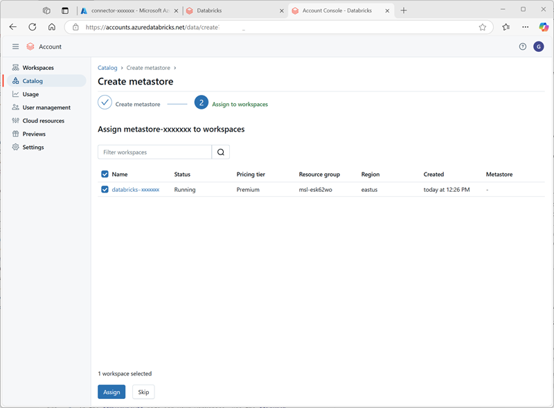 Capture d’écran de la page Créer un metastore dans la console de compte Azure Databricks