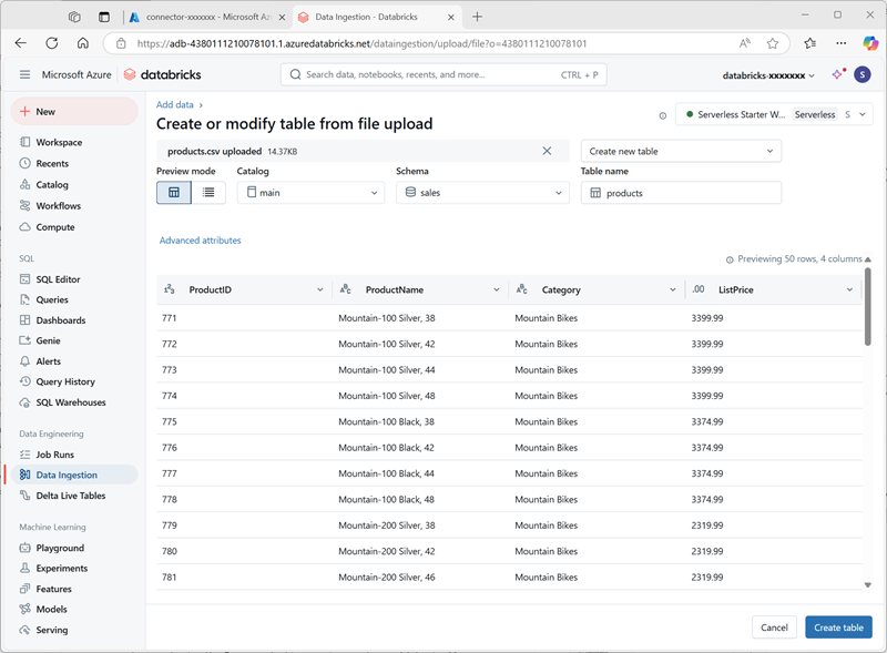 Capture d’écran de l’interface Créer une table dans un espace de travail Azure Databricks