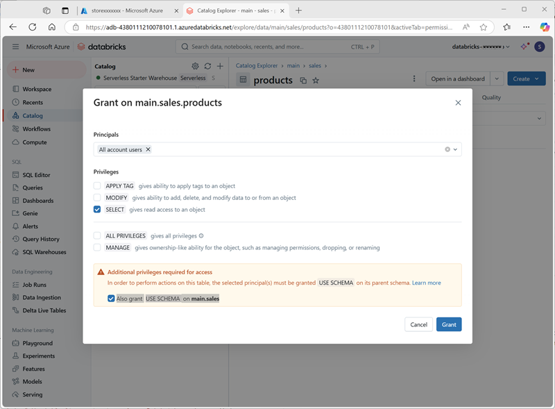 Capture d’écran de l’interface Accorder des autorisations dans un espace de travail Azure Databricks