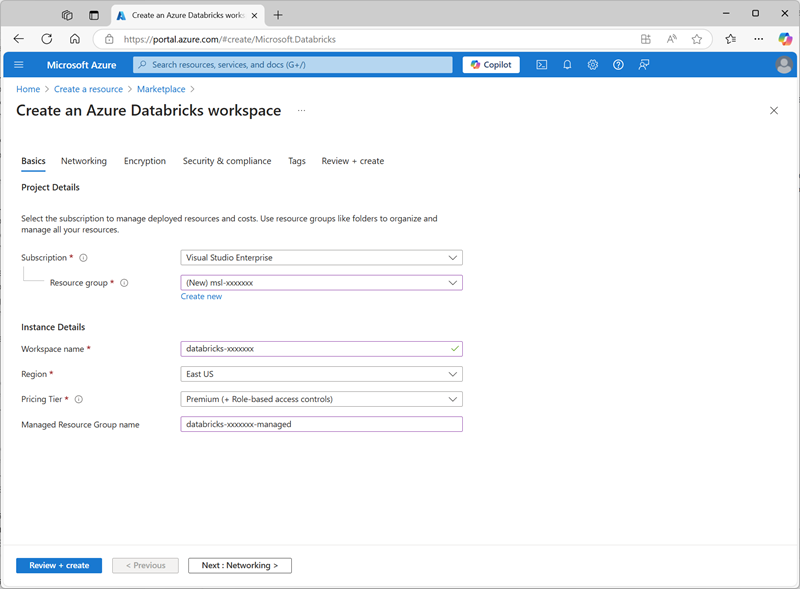 Azure portal の [Azure Databricks ワークスペースを作成する] ページのスクリーンショット