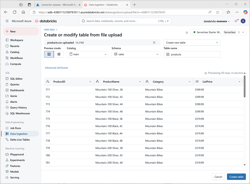 Azure Databricks ワークスペースのテーブルの作成インターフェイスのスクリーンショット。