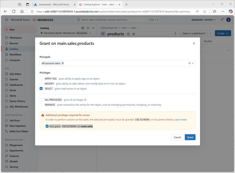 Azure Databricks ワークスペースのアクセス許可の付与インターフェイスのスクリーンショット。