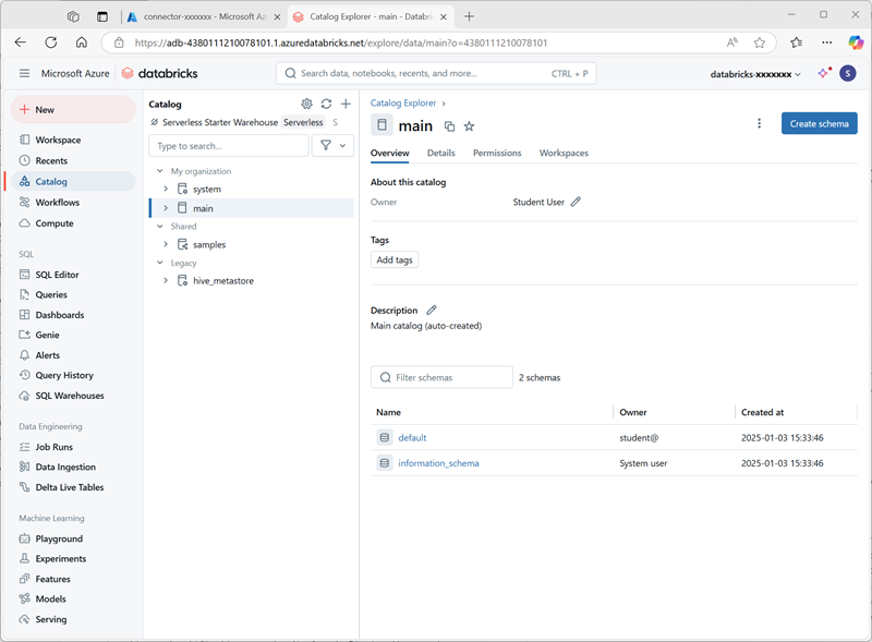 Azure Databricks ワークスペースのメイン カタログのスクリーンショット。