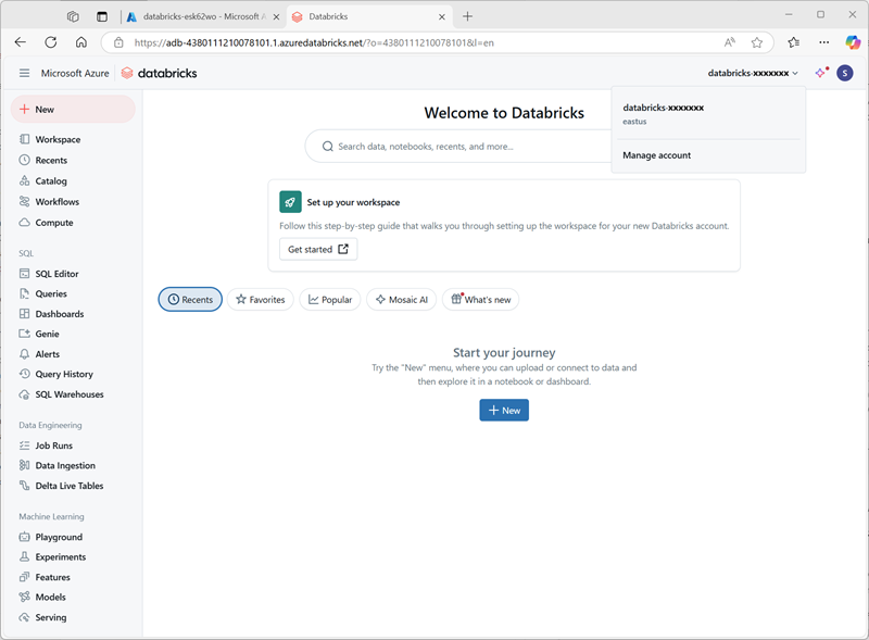 Azure Databricks ワークスペースの [アカウントの管理] メニュー項目のスクリーンショット。