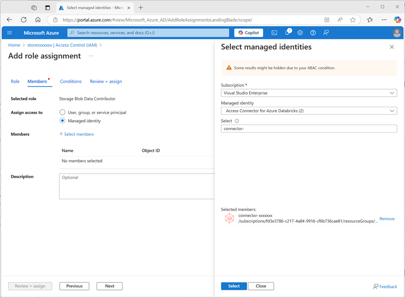 Azure portal の [マネージド ID の選択] ペインのスクリーンショット。