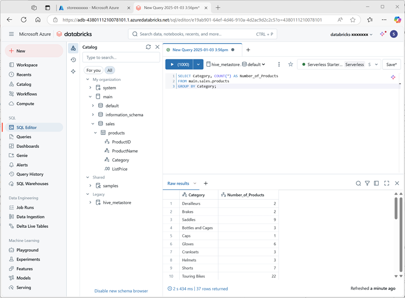 Azure Databricks ワークスペースのクエリ インターフェイスのスクリーンショット。