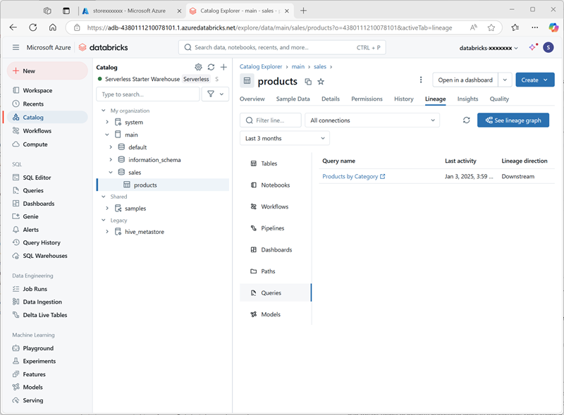 Azure Databricks ワークスペースのテーブル の系列ビューのスクリーンショット。