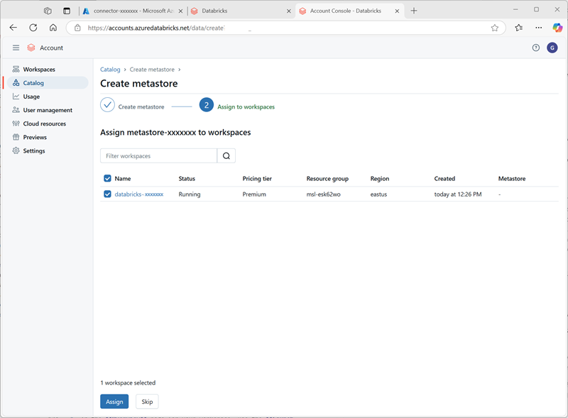 Captura de tela da página Criar metastore no console da conta do Azure Databricks.