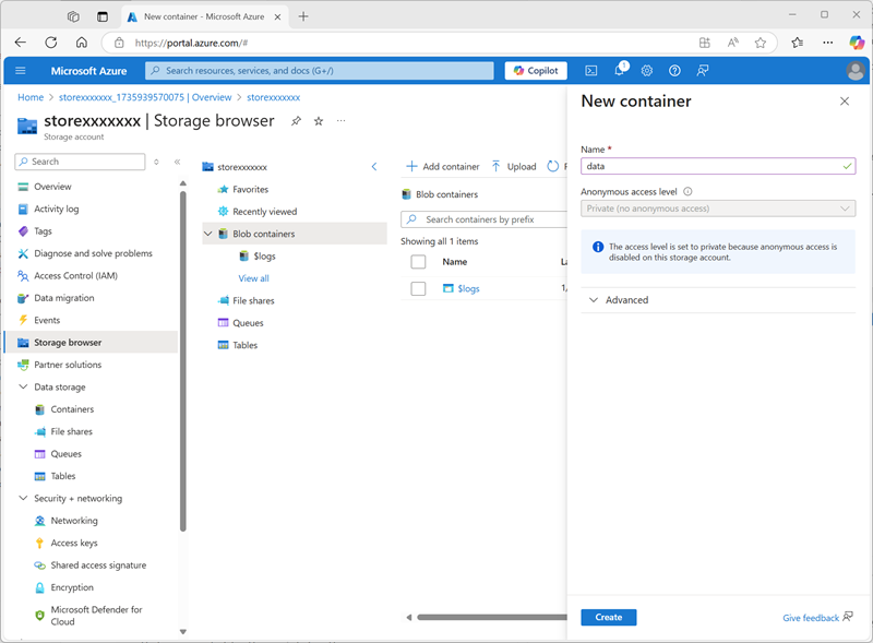 Captura de tela do painel Criar contêiner na página Navegador de armazenamento no portal do Azure.
