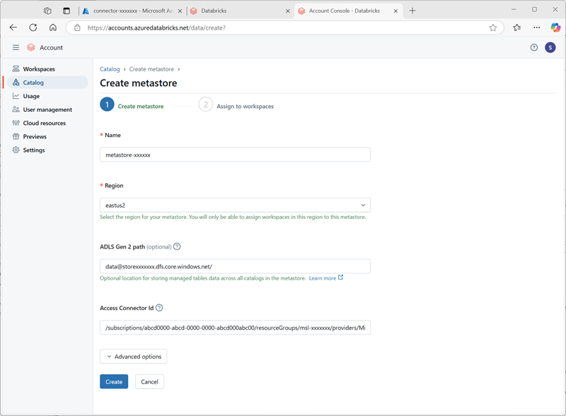 Captura de tela da página Criar metastore no console da conta do Azure Databricks.