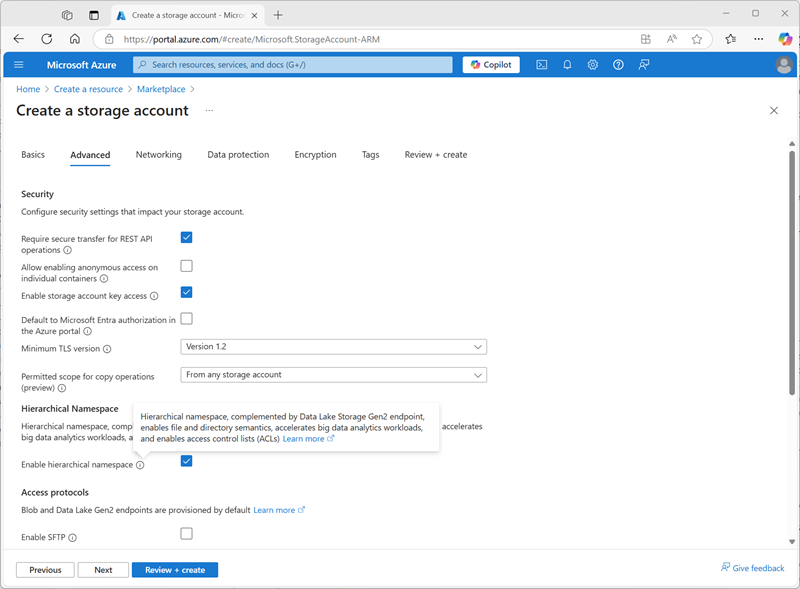 Captura de tela da página de configurações avançadas Criar Conta de Armazenamento no portal do Azure.
