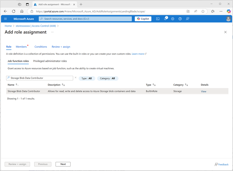 Captura de tela da página Adicionar atribuição de função no portal do Azure.