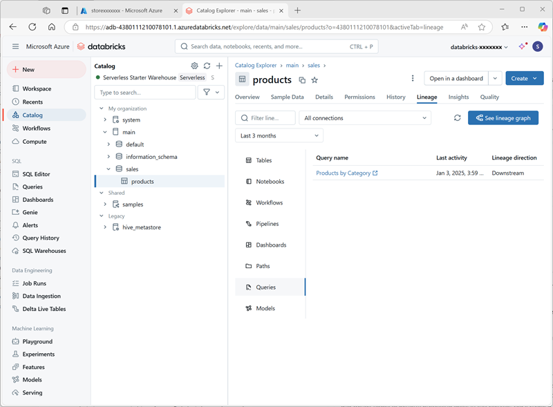 Azure Databricks 工作区中表世系视图的屏幕截图。