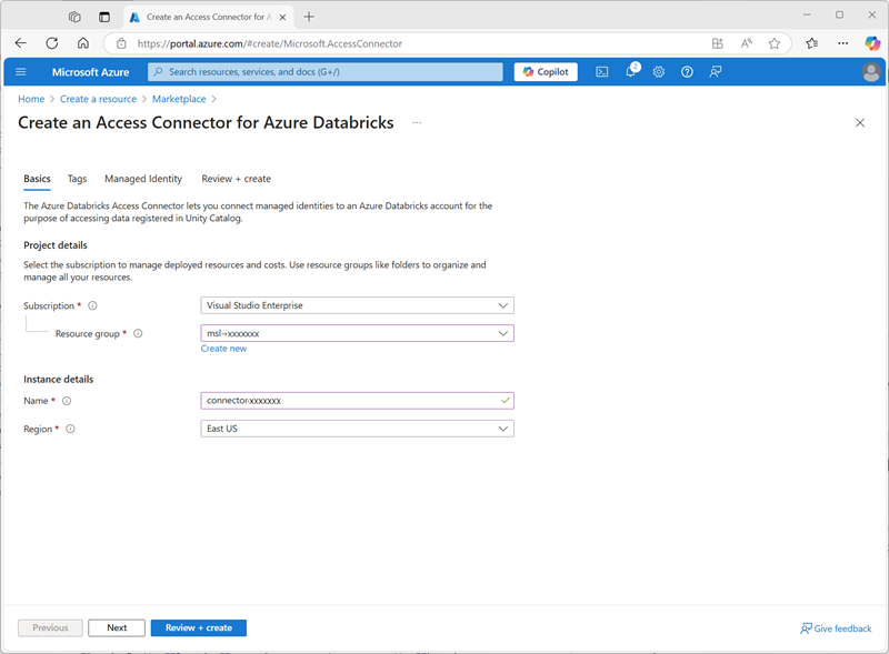 Screenshot of the Create access cnnector for Azure Databricks page in the Azure portal.