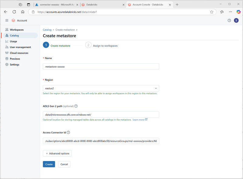 Screenshot of the Create metastore page in the Azure Databricks account console.