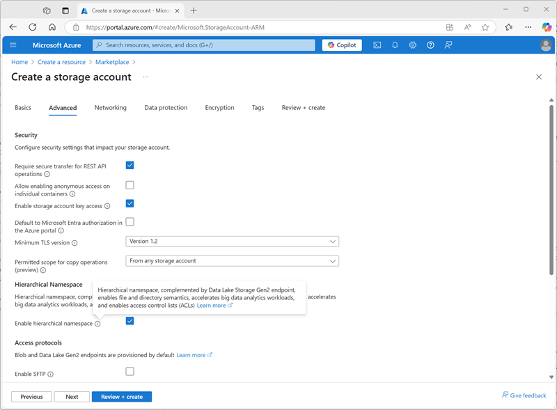 Screenshot of the Create Storage Account advanced settings page in the Azure portal.